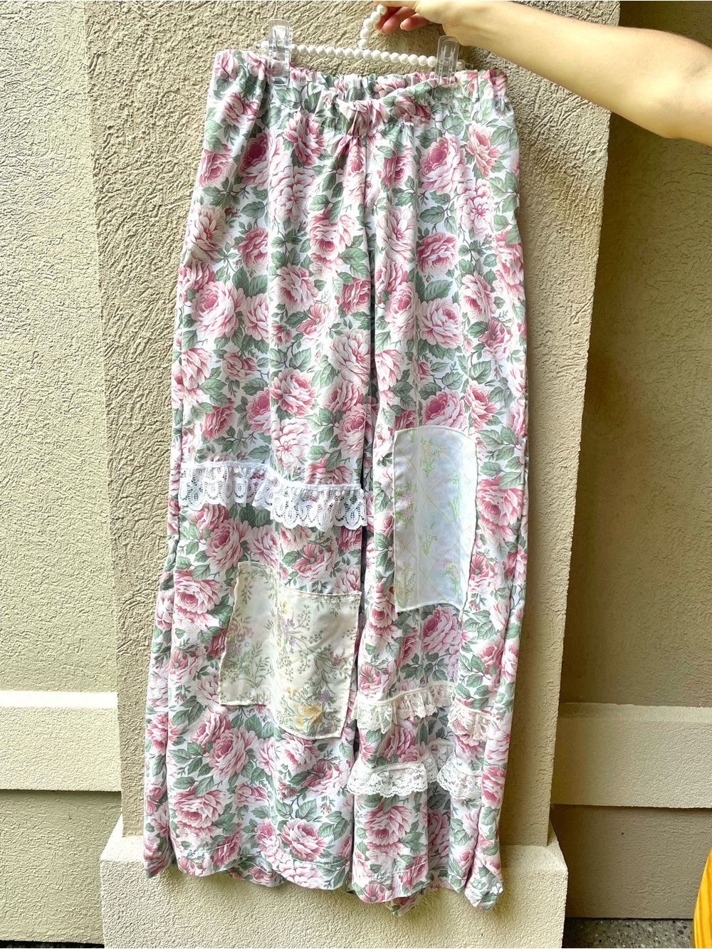 Cottagecore floral cotton patchwork wide leg pants with lace